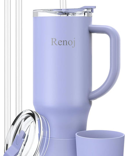 Renoj Tumbler with Handle 100% Leak Proof Insulated Water Bottle for Iced Coffee & Hot Drinks - Fits Car Cup Holder, Ideal Gift, 2 Straws & Silicone Boot BPA-Free - SnapShift Blue 32 oz