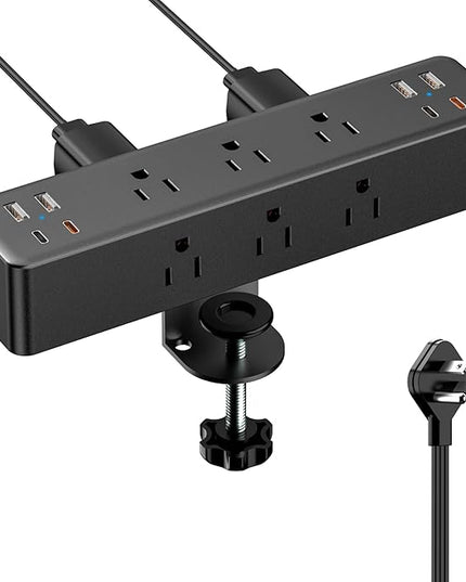 Flat Plug Desk Clamp Power Strip 10FT, 40W Total Fast Charging Station, Dual PD 20W USB C Ports, Desk Edge Mount Power Strip 9 AC Outlets 8 USB Ports(4 USB C) Surge Protector, Fit 1.7" Tabletop Edge