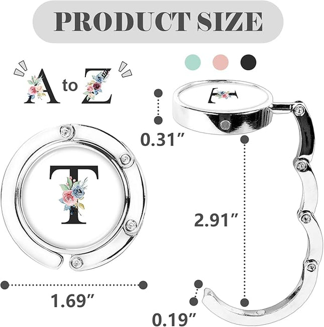 3pcs Personalized Initial Foldable Purses for Table - Flower Letter Folding Handbag Hangers, Portable Magnet Table Hooks, Collection Desk Purse Hooks for Women (Black-T)