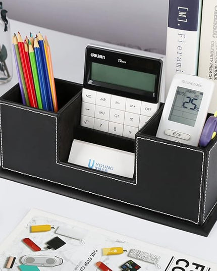 KINGFOM Office Supplies Desk Organizer PU Leather Storage Box 4 Divided Compartments for Pen Business Card Remote Control Mobile Phone Cosmetics Collection Holder (Black)