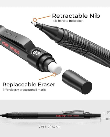 Nicpro 33PCS Black Metal Mechanical Pencil Set in Leather Case, Art Drafting Pencil 0.3, 0.5, 0.7, 0.9 mm, 2mm Lead Holders for Sketching Drawing with 18 Tube (6B 4B 2B HB 2H 4H Colors) Lead Refills