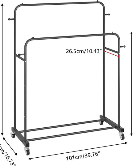 Laiensia Double Rods Garment Rack with Wheels, Clothing Rack for Hanging Clothes,4 Hooks, Multi-functional Bedroom Clothes Rack, Black