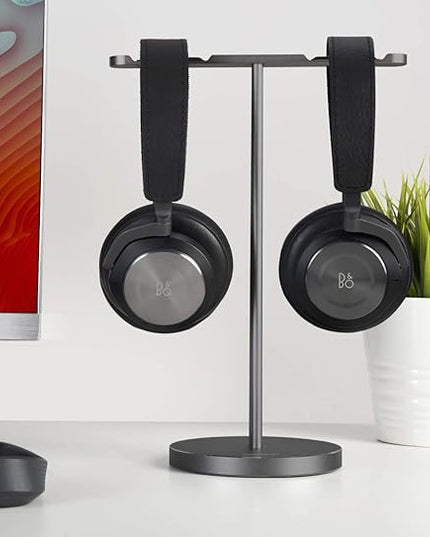 Double Headphones Stand, Aluminum Alloy Desk 3 Headsets Holder Supporting Desktop Earphone Hanger Mount Storage Rack with Heavy Base for Home and Office Display Spacegrey