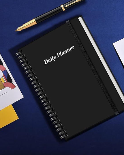 Daily Planner Undated - A5 To Do List Notebook Hourly Schedules, Spiral Appointment Planner for Women and Men, PVC Hardcover, Inner Pocket, Elastic Closure, 5.8" x 8.3", Black