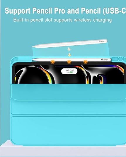 ZryXal iPad Pro 11 Inch Case (M5) 2025/ (M4) 2024 (Model: A2836/A2837/A3006), Trifold Stand Smart Cover with Pencil Holder and Soft TPU Back, Auto Wake/Sleep (Cyan)