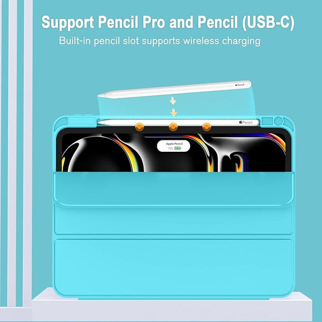 ZryXal iPad Pro 11 Inch Case (M5) 2025/ (M4) 2024 (Model: A2836/A2837/A3006), Trifold Stand Smart Cover with Pencil Holder and Soft TPU Back, Auto Wake/Sleep (Cyan)