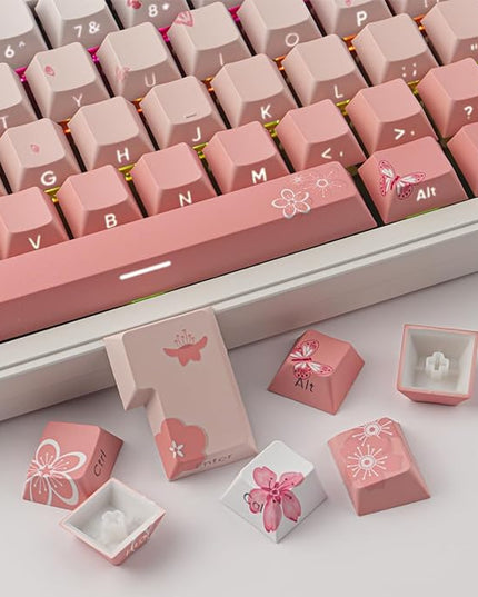 Tsungup PBT Keycaps Cherry Blossom Keycap Set - Custom Side Printed Pink Keycaps,135 Keys Gradient DoubleShot Sakura Key caps Cherry Profile Keyboard Key caps for Mechanical Keyboards