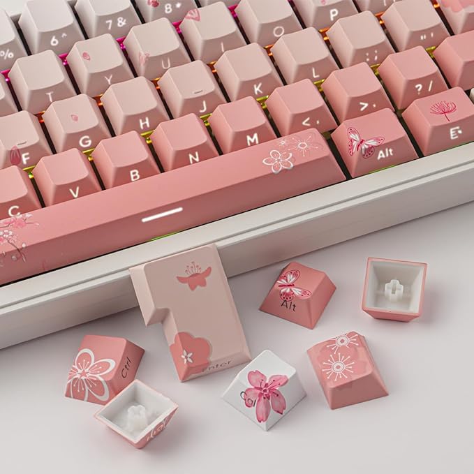Tsungup PBT Keycaps Cherry Blossom Keycap Set - Custom Side Printed Pink Keycaps,135 Keys Gradient DoubleShot Sakura Key caps Cherry Profile Keyboard Key caps for Mechanical Keyboards