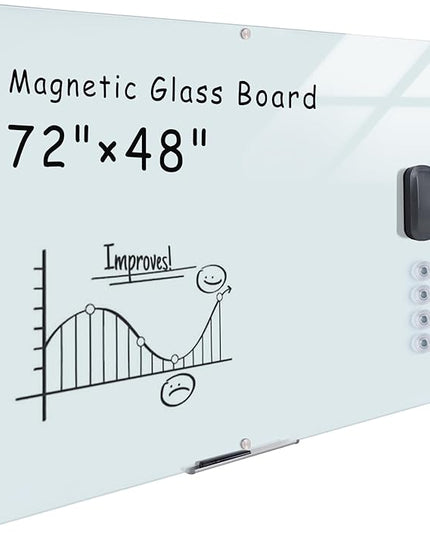 Mifuro Magnetic Glass Whiteboard，72"x48" Wall Mounted Frameless Dry Erase Board for Office, Home & School White