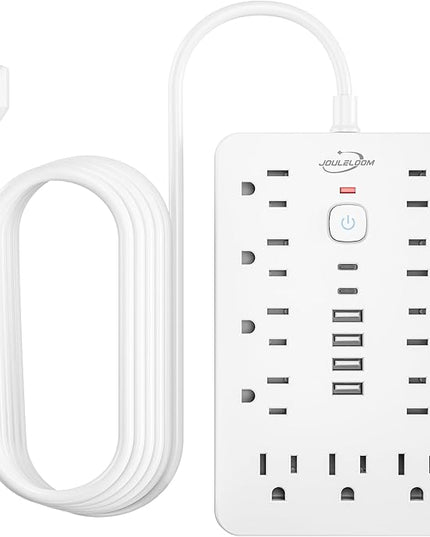 6 FT Flat Plug Surge Protector Power Strip,11 Multiple AC Outlets with 6 USB Ports (2 USB C), 6 Feet Extension Cord, 1250W/10A, One Touch Switch Button, 17 in 1 Compact powerstrip-White