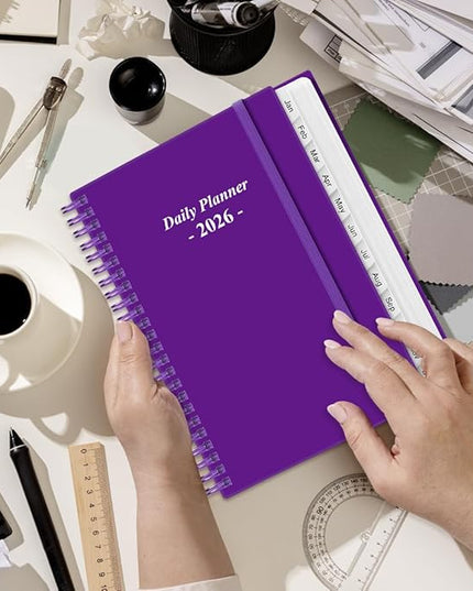 Daily Planner 2026 Full Page Per Day- 2026 Daily & Monthly Planner from January 2026 to December 2026, Day Planner 2026 with 12 Months Tabs, 6.4" x 8,5", Purple