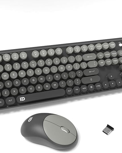 FOPETT Wireless Keyboard and Mouse Combo - Cute Colorful Mouse and Keyboard 2.4G Full-Sized with 104 Round Keys Retro Typewriter Keyboards for Laptop/Windows/PC - Grey Gradient