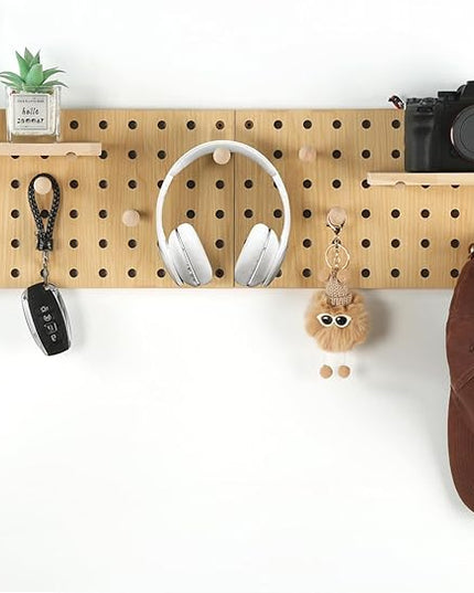 Beige Wood Pegboard Modular Display Wooden Pegboard Combination Wall Organizer Storage Wall Hooks Shelf for Home, Office, Bathroom, Comes with 2 Pieces Pegboards