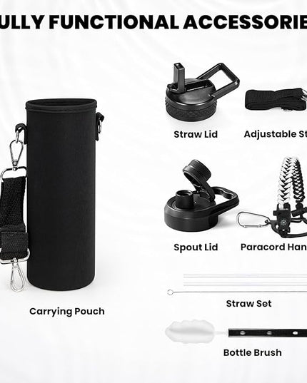 Insulated Water Bottle 24oz, Triple Wall Vacuum Stainless Steel (Cold for 48 Hrs, Hot for 24Hrs), Leak Proof & Non-BPA, 24oz Hydro Water Flask with Paracord Handle & Straw Spout Lids