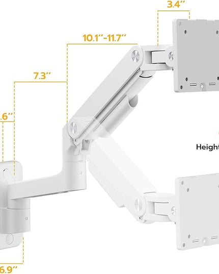 ARES WING Wall Mount Monitor Arm for 17-49 Inch Ultrawide Screens, Heavy Duty Single Monitor Mount Holds 44 lbs, Fully Adjustable Gas Spring Wall Mount, 75x75/100x100 VESA Mount, White
