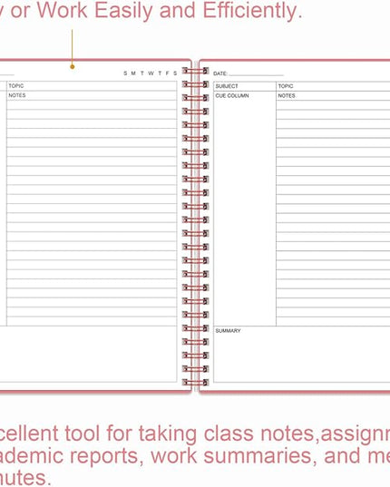 Yaridar A4 Cornell Notes Notebook - College Spiral Cornell Notebooks for Note Taking, Subject Ruled Steno Pads for Office/School/College/Home, 8.5" x 11", Pink