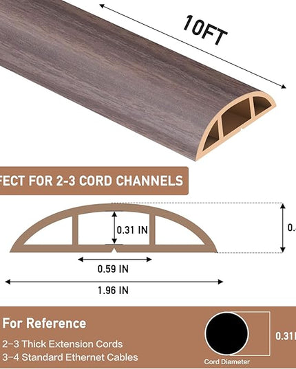 Floor Cord Cover Self Adhesive Cord Hider Floor Extension Cord Covers for Floor Power Cord Protector Cable Management Prevent Cable Trips Cable Cavity 0.59" W x 0.31" H (Brown Walnut Wood, 10Ft)