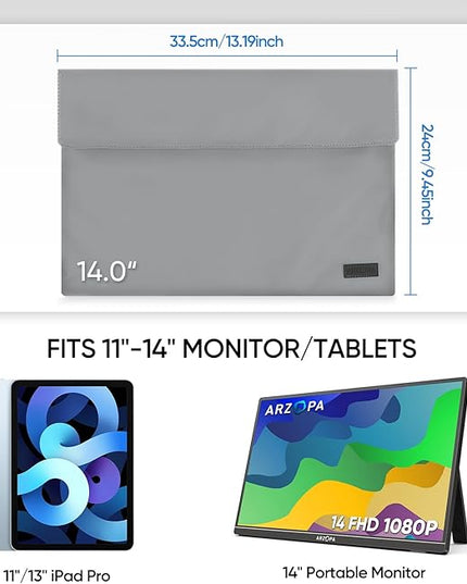 ARZOPA 14.0" Portable Monitor Sleeve Bag, PU Leather Laptop Tablet Case, Grey