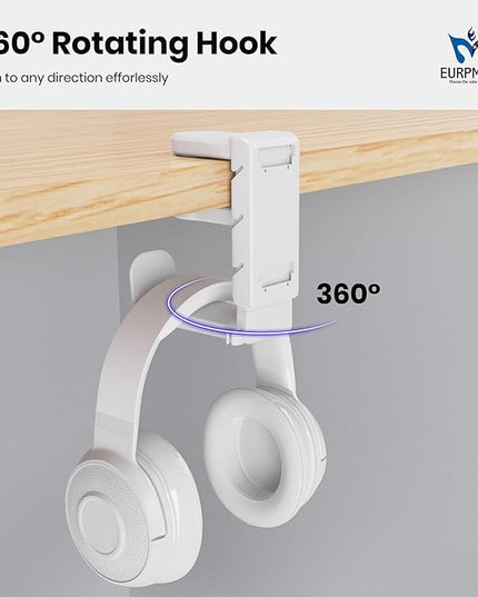 3-in-1 PC Gaming Headset&Controller Holder - EURPMASK Headphone Stand w/Adjustable Clamp&2 Controller Holder&Rotating Arm&Cable Organizer, Universal PC Gaming Accessory Controller Headset Stand-White