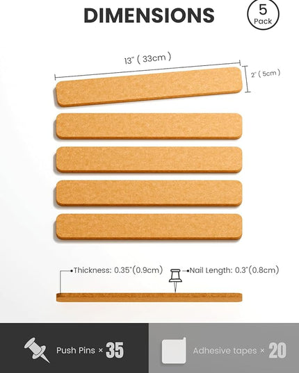 Fluxynara Cork Board Alternative Felt Strip Board 5-Pack 13"x2", Office Pin Board with 35 Push Pins, Adhesive Install for Bedroom Door & Home Office(Sunset Yellow)