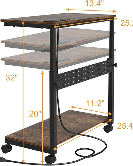 Computer Tower Stand with Charging Station, Height Adjustable 2-Tier CPU Stand with Power Strip and USB Ports, PC Tower Cart with Wheels and Printer Shelf, Rustic Brown and Black