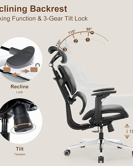 Ergonomic Mesh Office Chair with Adjustable Armrests, Lumbar Support,Big and Tall Desk Chair with Headrest and Smooth Rolling Base,Swivel Comfy Task Chair for Home Office,Black