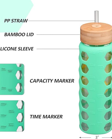 MUKOKO Glass Water Bottles, 24oz Glass Tumbler with Straw, Drinking Bottles with 2 Lids-Handle Spout Lid&Bamboo Straw Lid, Motivational Water Bottle with Time Marker and Silicone Sleeve, 1 Pack-Green