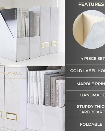BLU MONACO Set of 4 Magazine Holders | White Marble Design with Gold Label Holders | Foldable File Organizer Boxes for Desk, Office & Classroom | Stylish Paper & Magazine Storage