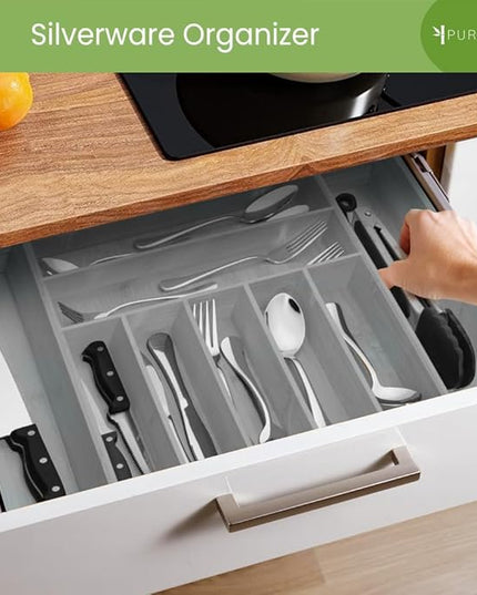 Purawood Bamboo Drawer Organizer - Expandable Silverware Organizer & Utensil Organizer, Cutlery Tray with Dividers, 7-9 Slots - Premium Kitchen Drawer Organizer for Utensils & Flatware (Grey)