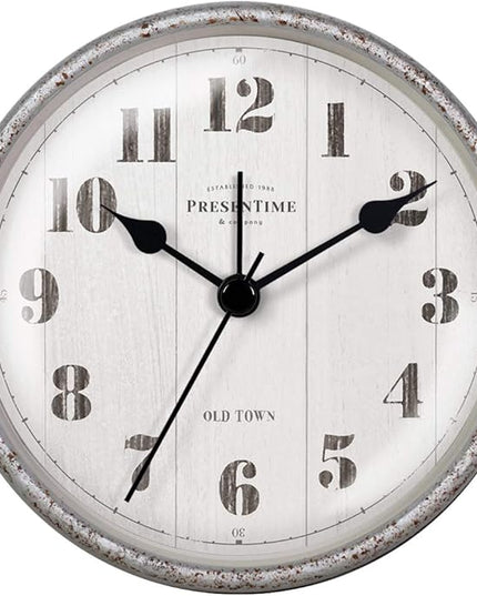 Presentime & Co 4" Farmhouse Tabletop Alarm Mantel Clock, Desk and Shelf Clock, Silent no Ticking, Light Grey Oak and Rusted Galvanized Finish. Tabletop Décor, Home Décor, Farmhouse Décor
