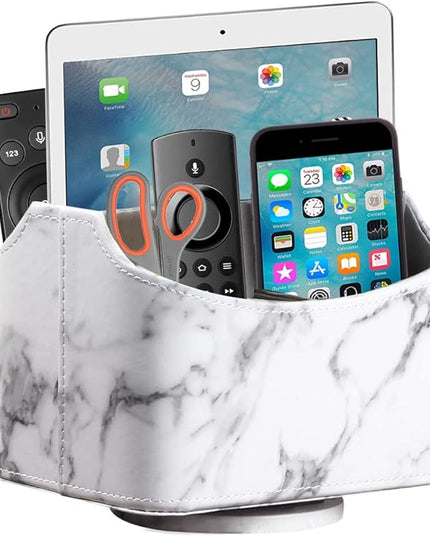 Arniche PU Leather Remote Control Holder,360 Degree Spinning Desk TV Remote Caddy,Desk Organizers and Accessories,for Controller,Media,Mail,Calculator,Mobile Phone,Pen Storage Holder(White Marble)