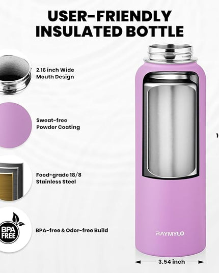 Insulated Water Bottle 40 oz, Triple Wall Vacuum Stainless Steel (Cold for 48 Hrs), Leak Proof & Non-BPA, Modern Water Flask Jug with Paracord Handle & Straw Spout Lids, Lilac