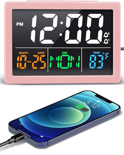 Digital Alarm Clock, with 5.5" Large LED Time Display, Adjustable Alarm Volume, 6 Level Brightness, Alarm Settings, USB Charger, Temperature Detect, Snooze, Clocks for Bedroom, Bedside, Desk, Pink