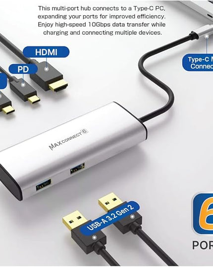 TEC MaxConnect 6-in-1 USB-C Hub with 4K60Hz HDMI, 100W PD, USB-A & USB-C 3.2 Gen2, 10Gbps Data Transfer, Compatible with MacBook Pro, iPad Pro, Windows, and Type-C Devices
