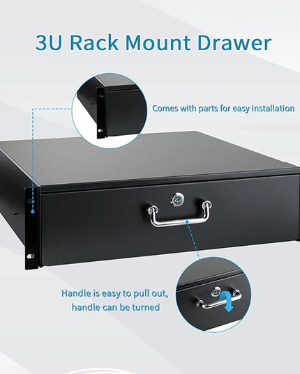 3U Rack Drawer, Rack Mount Drawer Designed for 19-inch Network Equipment, Servers, AV Racks, or Cabinet Enclosures. Sliding and Lockable Server Rack Drawer Features Cable Management Holes