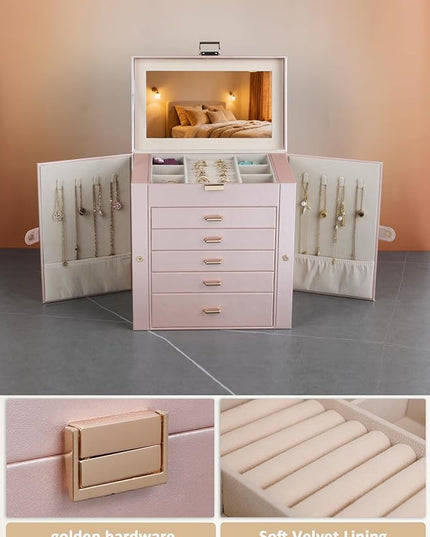BOOVO Jewelry Box For women, 6 Layer Large Jewelry Organizer With Mirror, Multi-Function Storage Box With Lock, Necklace Holder With 5 Drawers, For Earrings Necklace Bracelet (Rose Gold and Gold)