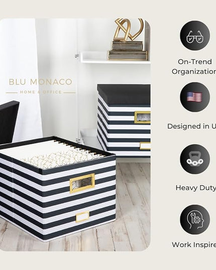 BLU MONACO | Decorative Hanging File Box with Lid | File Bins with Lids for Desk Storage | Desktop Hanging File Organizer for Legal Letter Folders Black White