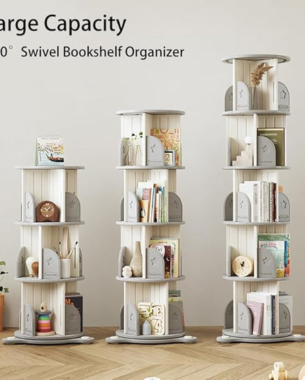 5-Tier Rotating Bookcase with Wheels, 360° Spinning Bookshelf Tower for Corner Spaces, Multi-Functional Book Display Stand & Organizer for Living Room, Bedroom, Classroom, Office - White