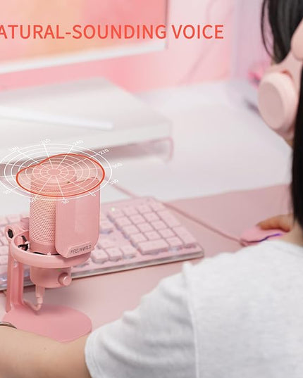 FEELWORLD VM1 Pink Gaming PC USB Microphone Condenser Mic with Noise Cancellation Mute RGB Light, Computer Accessories Gifts for Gamer YouTube Twitch Podcast Streaming Recording Online Chat PS4 PS5