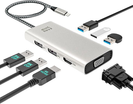 Minthouz USB-C Docking Station 7-in-1 Quad Display Laptop Multiport Adapter, 4K HDMI, Dual 8K DP, VGA, 3×USB2.0 Ports & USB Dongle for MacBook Pro/Air, iPad Pro, iMac, iPhone 16 Pro/Pro Max, ThinkPad