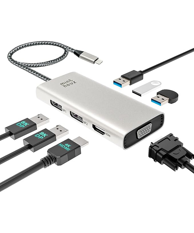 Minthouz USB-C Docking Station 7-in-1 Quad Display Laptop Multiport Adapter, 4K HDMI, Dual 8K DP, VGA, 3×USB2.0 Ports & USB Dongle for MacBook Pro/Air, iPad Pro, iMac, iPhone 16 Pro/Pro Max, ThinkPad