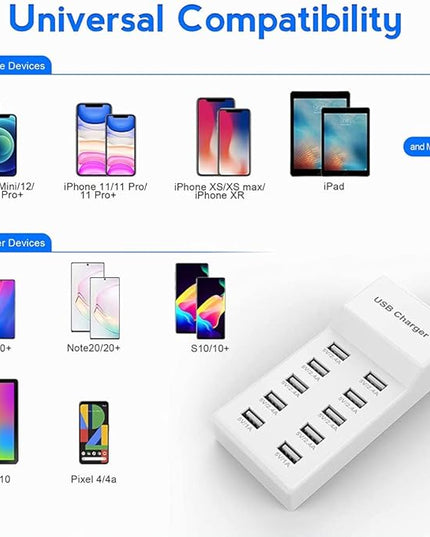 10-Port USB Wall Charger Station with Rapid Charging Auto Detect Technology Safety Guaranteed Family-Sized USB Ports for Multiple Devices Smart Phone Tablet Laptop Computer