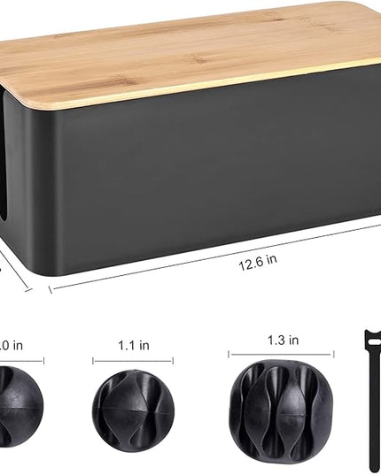 Cable Management Box - Wooden Style Cord Organizer Box to Hide Wires & Power Strips | Desk Computer Cable Organizer Box | Safe ABS Material | 12.6" (L) x 5.3" (W) 4.9" (H) | for Home & Office - Black