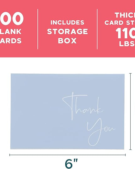 VNS Creations Thank You Cards With Envelopes Bulk Set & Stickers - 100 Pack 4x6 Blank Thank You Notes Bulk Box Set - Large Note Card Small Business, Wedding, Baby Shower & Bridal Shower - Light Blue