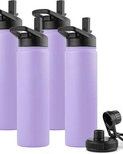 DOMICARE Insulated Water Bottle, 22 oz Vacuum Insulated Stainless Steel Reusable Sports Bottle with Straw Lid & Spout Lid for Travel, Camping, Bike, Leakproof, Purple, 4 Pack