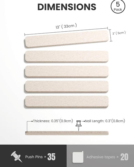 Fluxynara Cork Board Alternative Felt Strip Board 5-Pack 13"x2", Office Pin Board with 35 Push Pins, Adhesive Install for Bedroom Door & Home Office(Oatmeal)