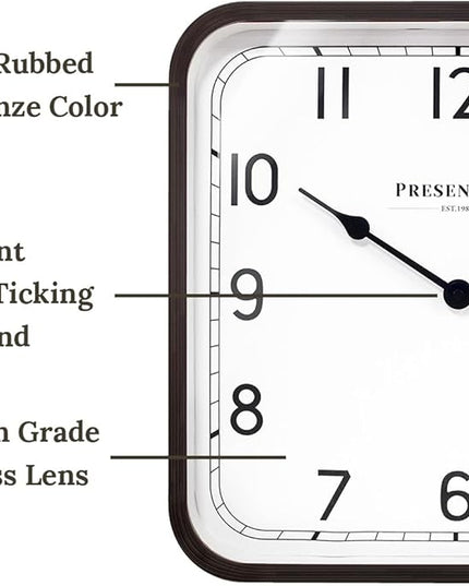 Presentime & Co. 16" Anton Modern Farmhouse Square Clock, Silent No Ticking, Wall Art and Timepiece for Home Decoration/Wall Décor, Oil Rubbed Bronze Color