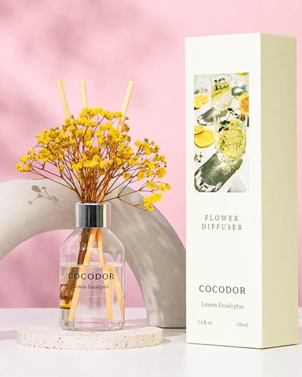 COCODOR Flower Reed Diffuser Set / 3.4oz / Lemon Eucalyptus/Scent Diffuser with Sticks Home Fragrance Reed Diffuser for Bathroom Shelf Decor