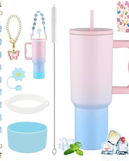 40 oz Tumbler with Handle and Straw & 6PCS Cup Accessories for 40 oz Cup - Vacuum Insulated Stainless Steel Double Wall Water Bottle Travel Coffee Mug - Holiday Gifts for Women Men (Bubble)