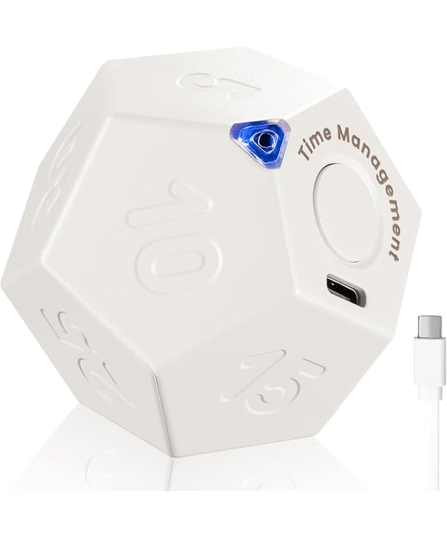 KADAMS Pomodoro Cube Timer Productivity-11 Preset Countdowns, Flip-to-Start Gravity Activation - Sound Vibrate Mute Rechargeable - Ideal for ADHD Kid Kitchen Classroom Cook Study Exercise - White